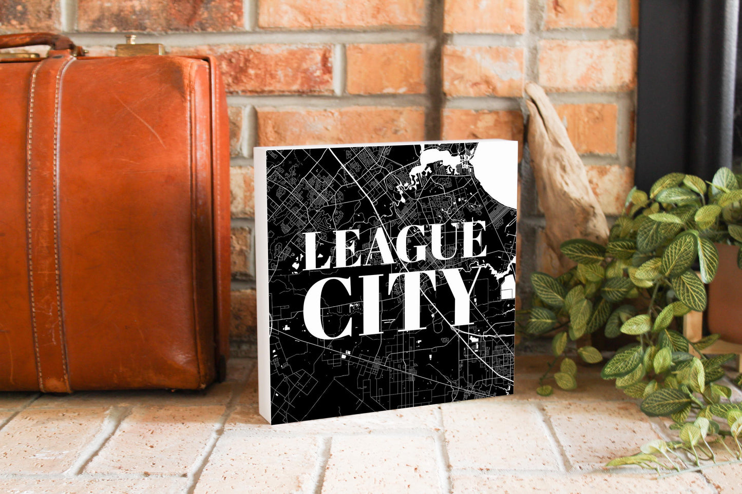 Minimalistic B&W Texas League City Map | Wood Block | Eaches | Min 2