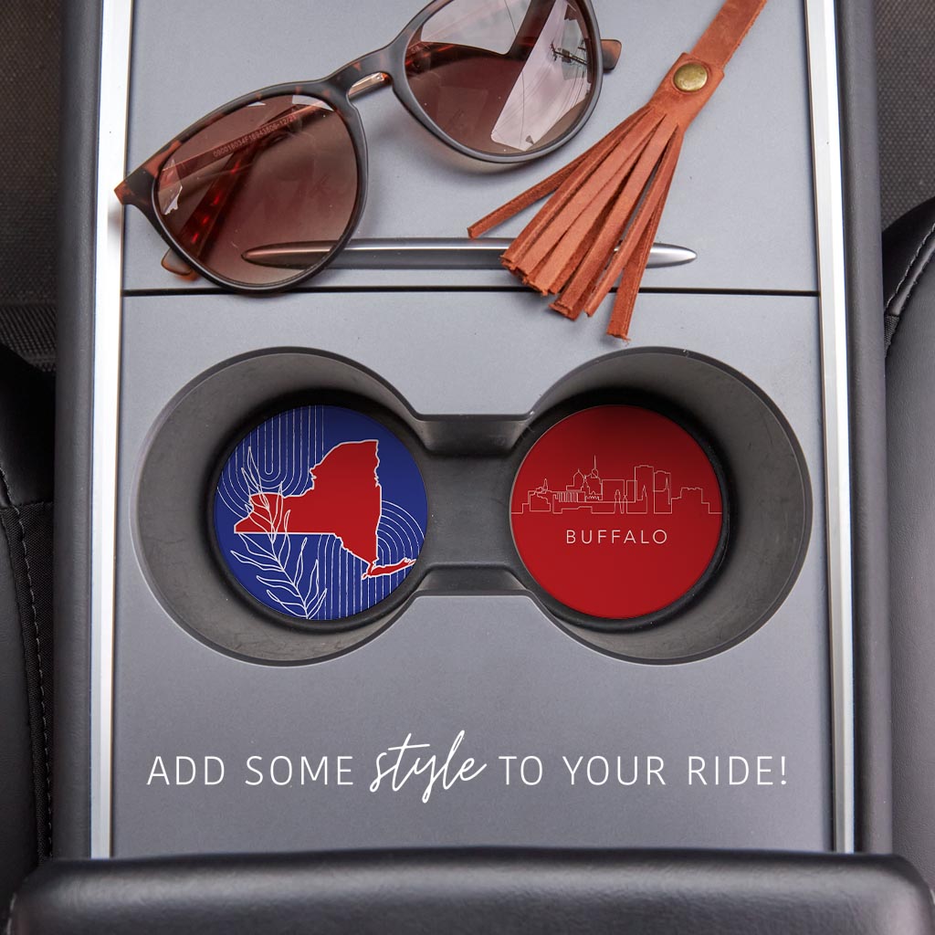 Red White And Blue New York State Buffalo Skyline| Absorbent Car Coasters | Set of 2 | Min 4