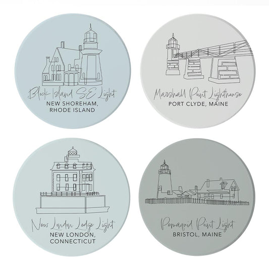 New England Lighthouses Muted Coastal | Absorbent Coasters | Set of 4 | Min 2