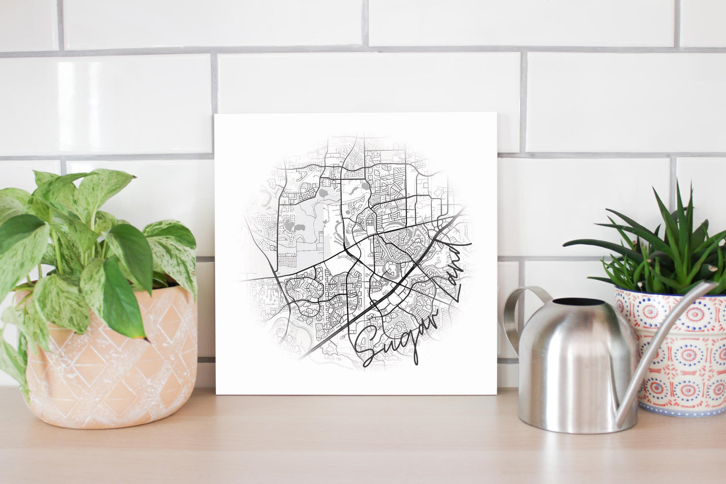 Minimalistic B&W Texas Sugarland Circle Map | Wood Sign | Eaches | Min 2