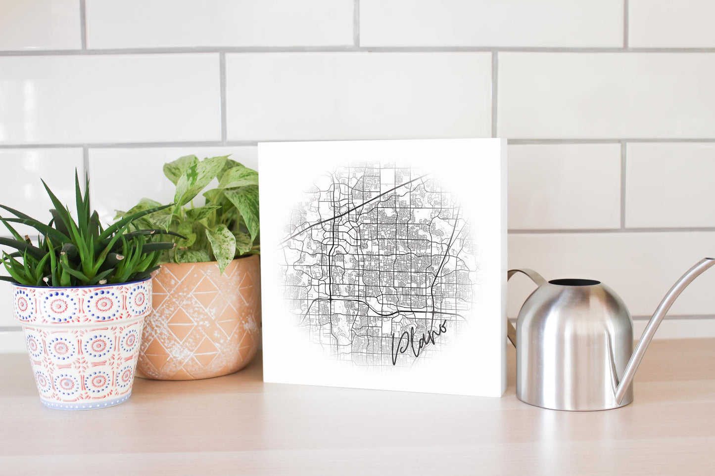 Minimalistic B&W Texas Plano Circle Map | Wood Block | Eaches | Min 2