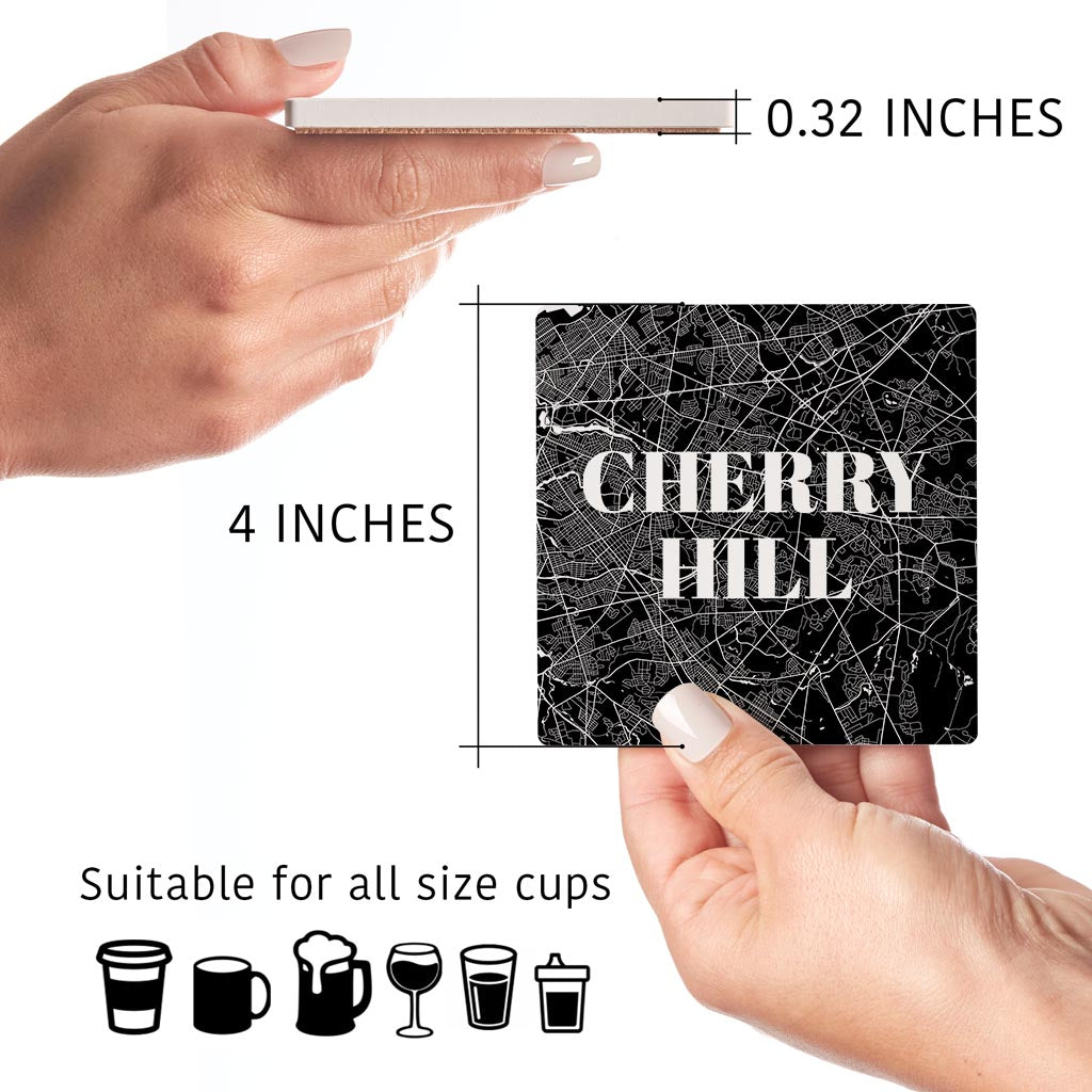 Minimalistic B&W New Jersey Cherry Hill Maps | Absorbent Coasters | Set of 4 | Min 2