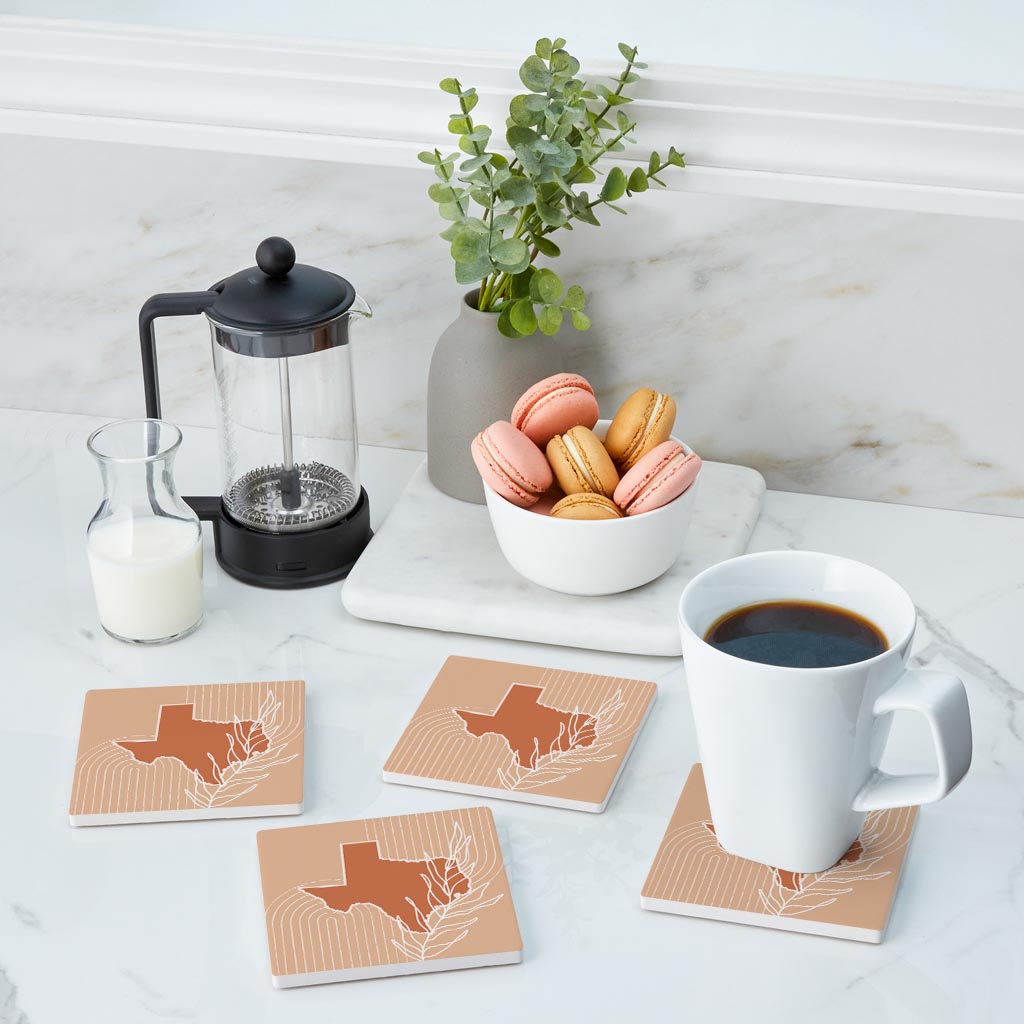 Modern Minimalist Texas State Shape With Leaf | Absorbent Coasters | Set of 4 | Min 2