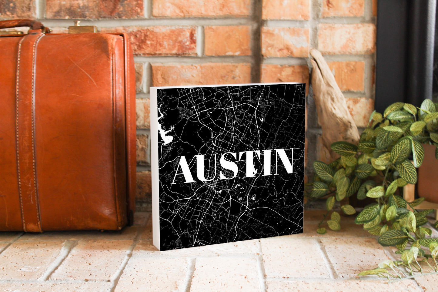 Minimalistic B&W Texas Austin Map | Wood Block | Eaches | Min 2