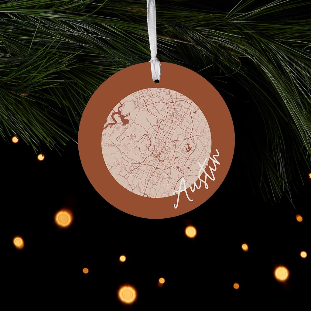 Modern Minimalist Texas Austin Circle Map | Wood Ornament | Eaches | Min 6