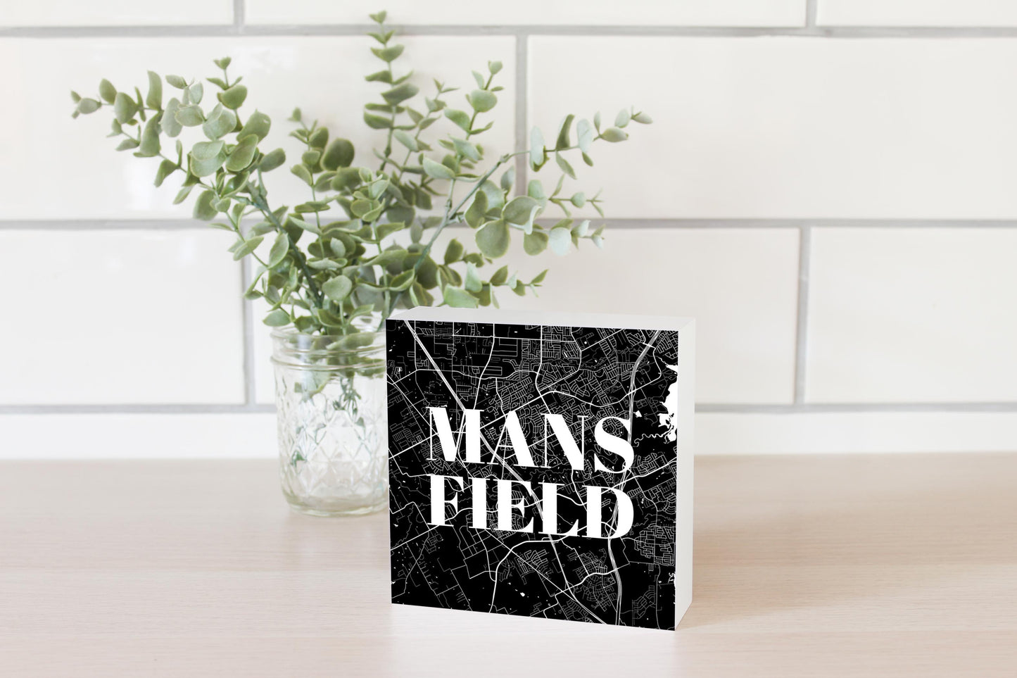 Minimalistic B&W Texas Mansfield Map | Wood Block | Eaches | Min 4