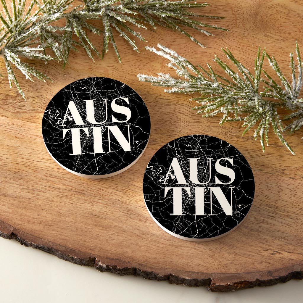 Modern Black Austin Map | Absorbent Car Coasters | Set of 2 | Min 4