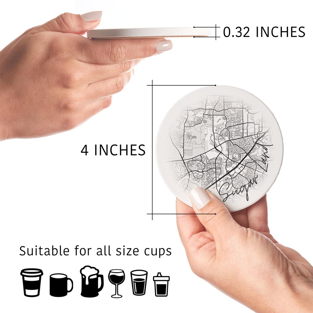 Minimalistic B&W Texas Sugarland Circle Map | Absorbent Coasters | Set of 4 | Min 2