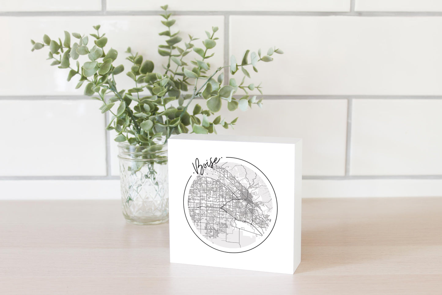 Minimalist B&W Idaho Boise Circle Map | Wood Block | Eaches | Min 4