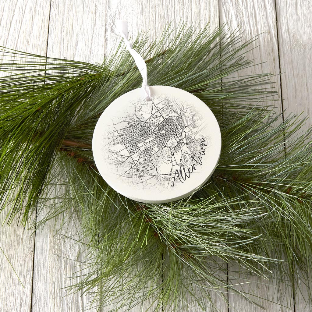 Minimalistic B&W Pennsylvania Allentown Circle Map | Wood Ornament | Eaches | Min 6