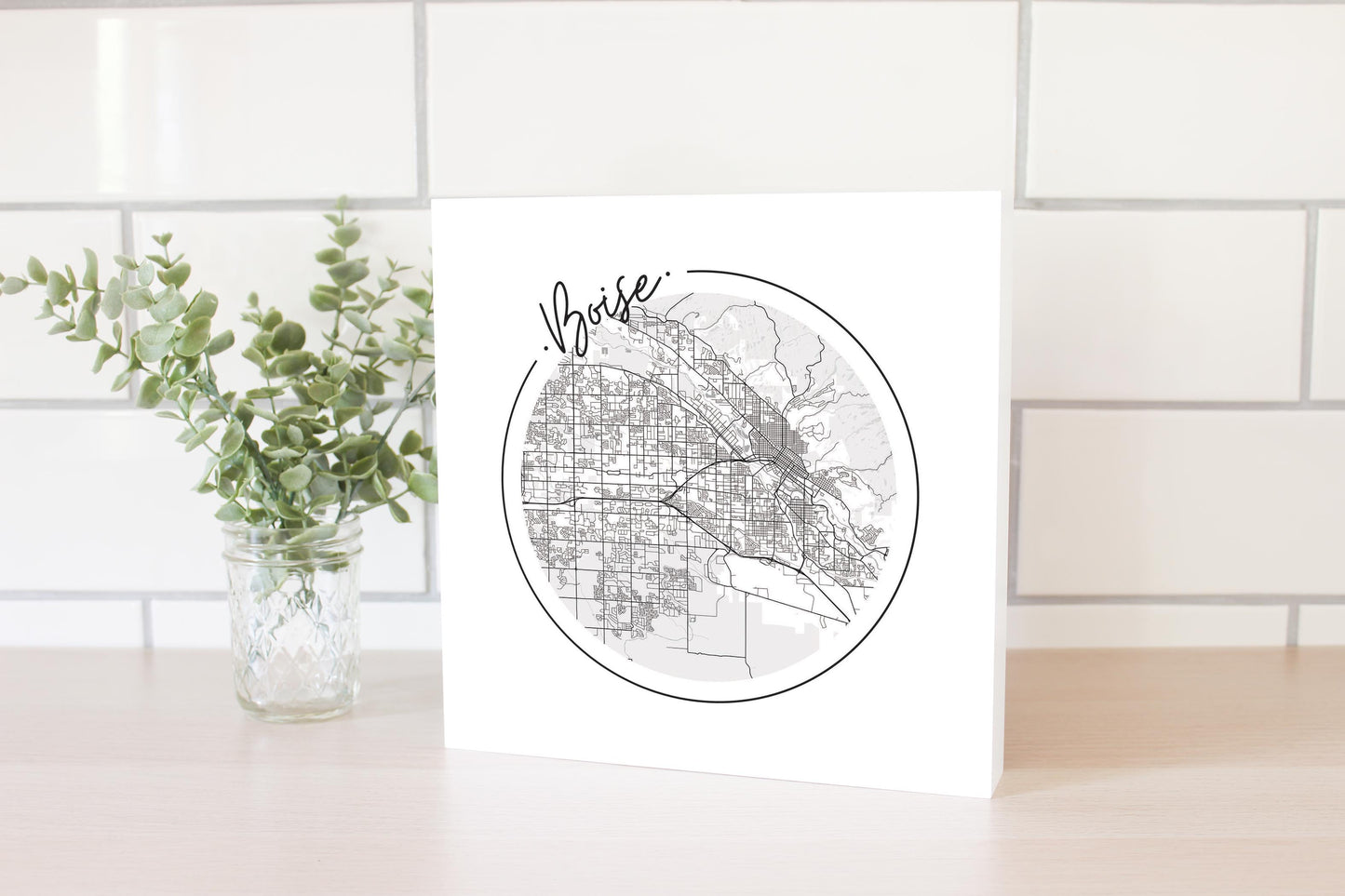 Minimalist B&W Idaho Boise Circle Map | Wood Block | Eaches | Min 2