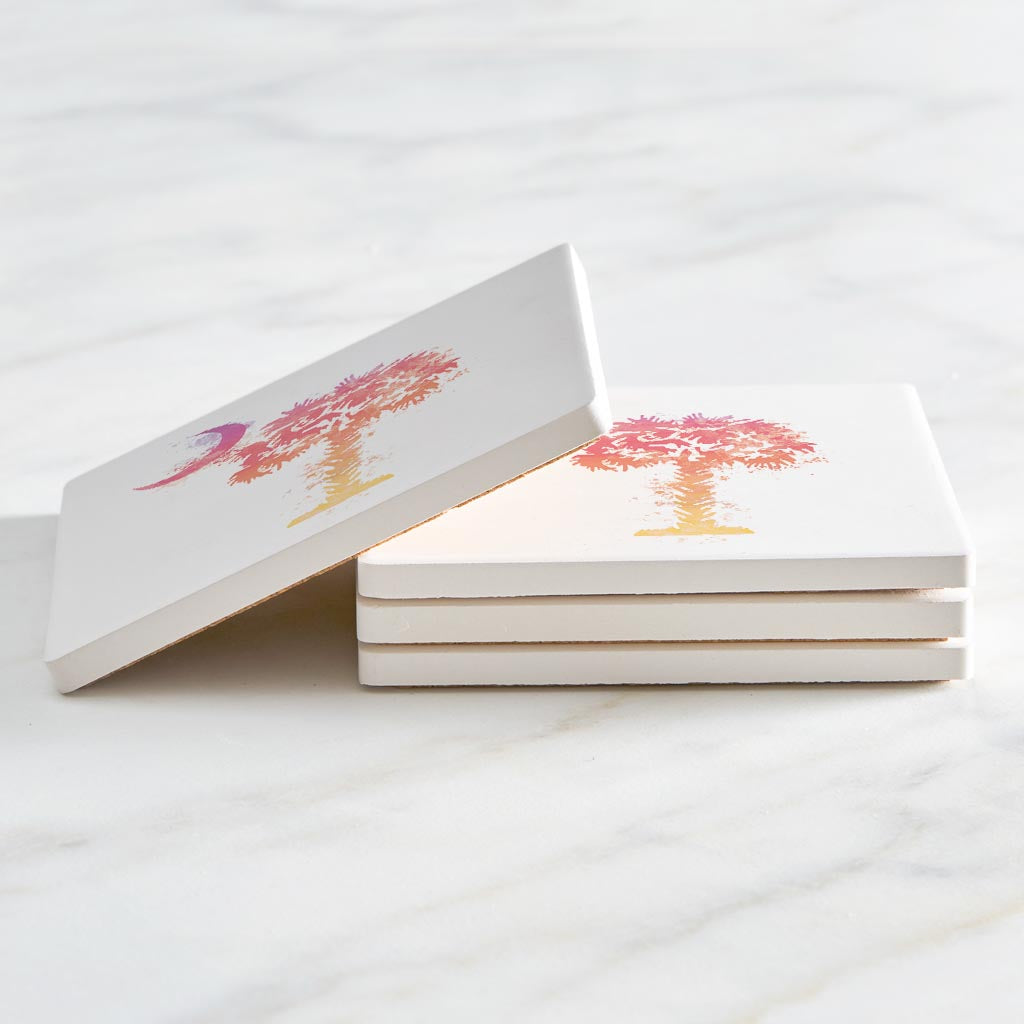 South Carolina Pink Water Color Palm Trees On White| Absorbent Coasters | Set of 4 | Min 2