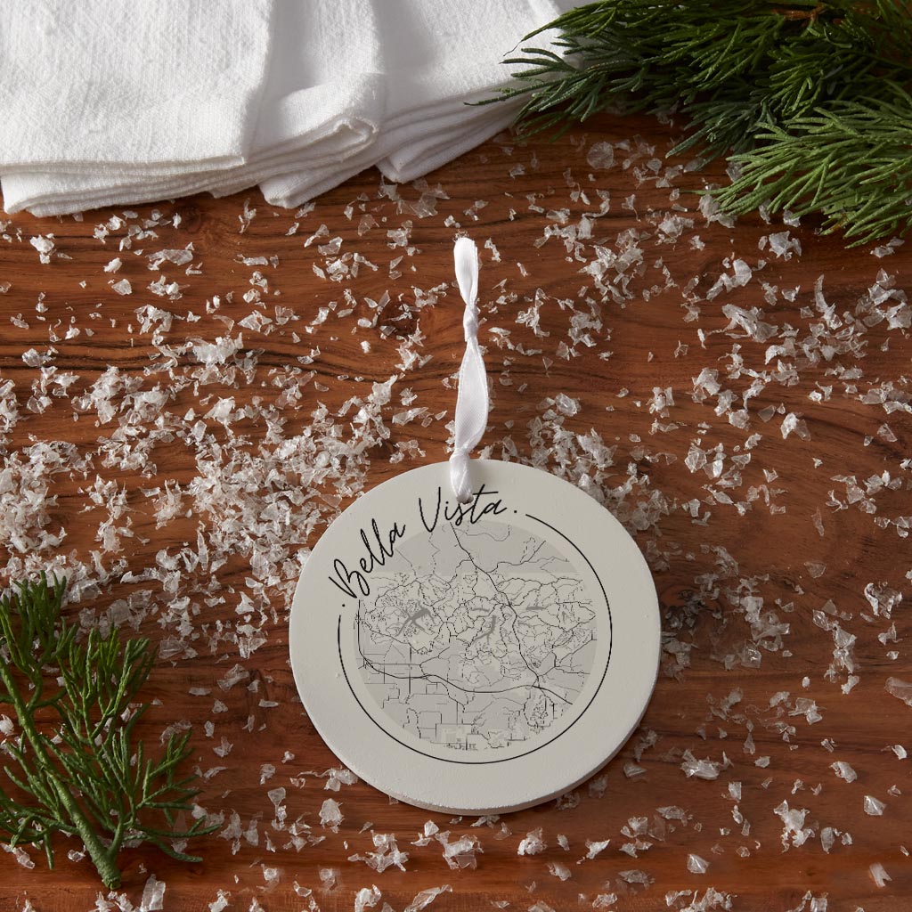 Minimalist B&W Arkansas Bella Vista Circle Map | Wood Ornament | Eaches | Min 6