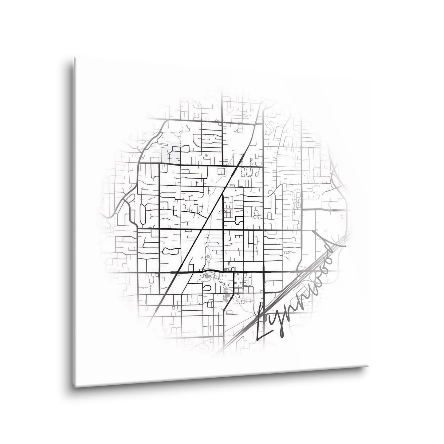 Minimalistic B&W Washington Lynnwood Circle Map | Hi-Def Glass Art | Eaches | Min 1