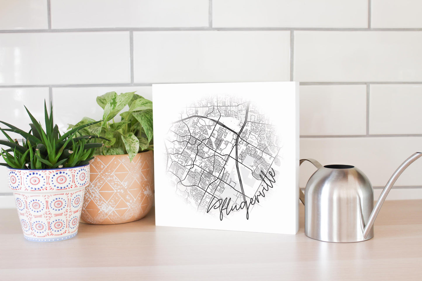 Minimalistic B&W Texas Pflugerville Circle Map | Wood Block | Eaches | Min 2
