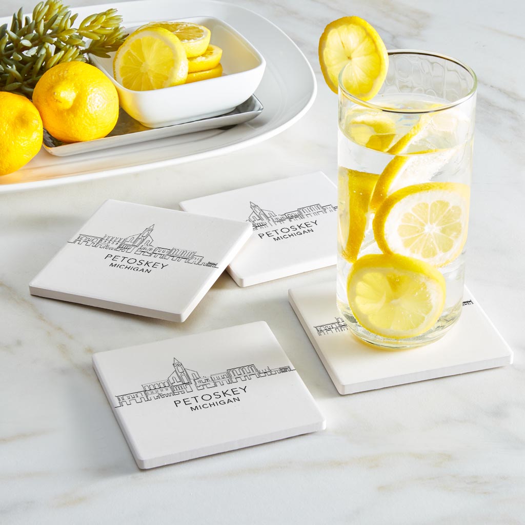 Minimalistic B&W Michigan Petoskey Skyline| Absorbent Coasters | Set of 4 | Min 2
