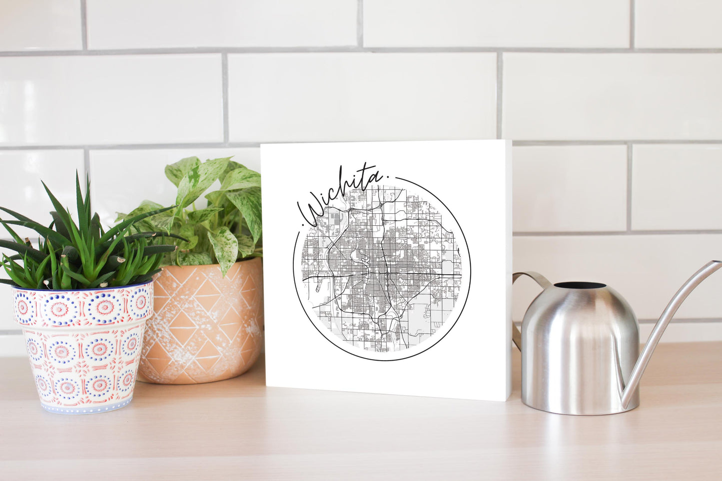 Minimalist B&W Kansas Wichita Circle Map | Wood Block | Eaches | Min 2