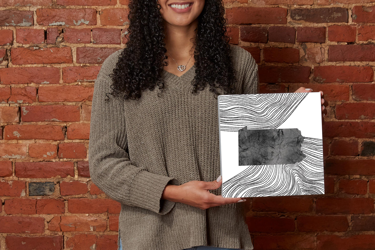 Minimalistic B&W Pennsylvania Shape Fluid Lines | Wood Block | Eaches | Min 2