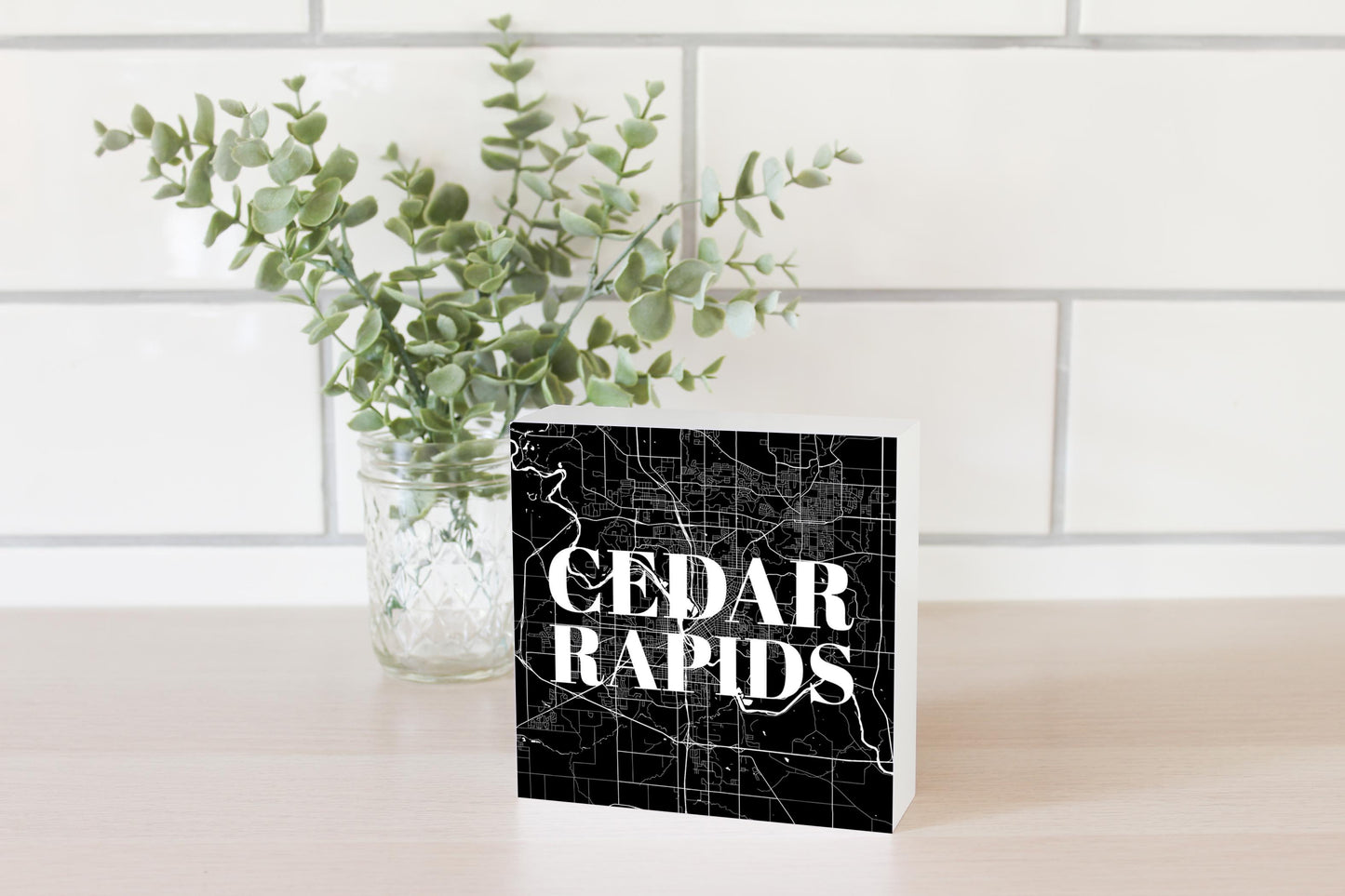 Minimalistic B&W Iowa Cedar Rapids Map | Wood Block | Eaches | Min 4