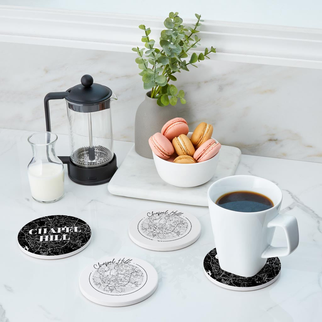 Minimalistic B&W North Carolina Chapel Hill Maps | Absorbent Coasters | Set of 4 | Min 2