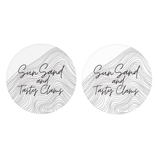 Minimalistic B&W Cape Cod Sun Sand Tasty Clams | Absorbent Car Coasters | Set of 2 | Min 4