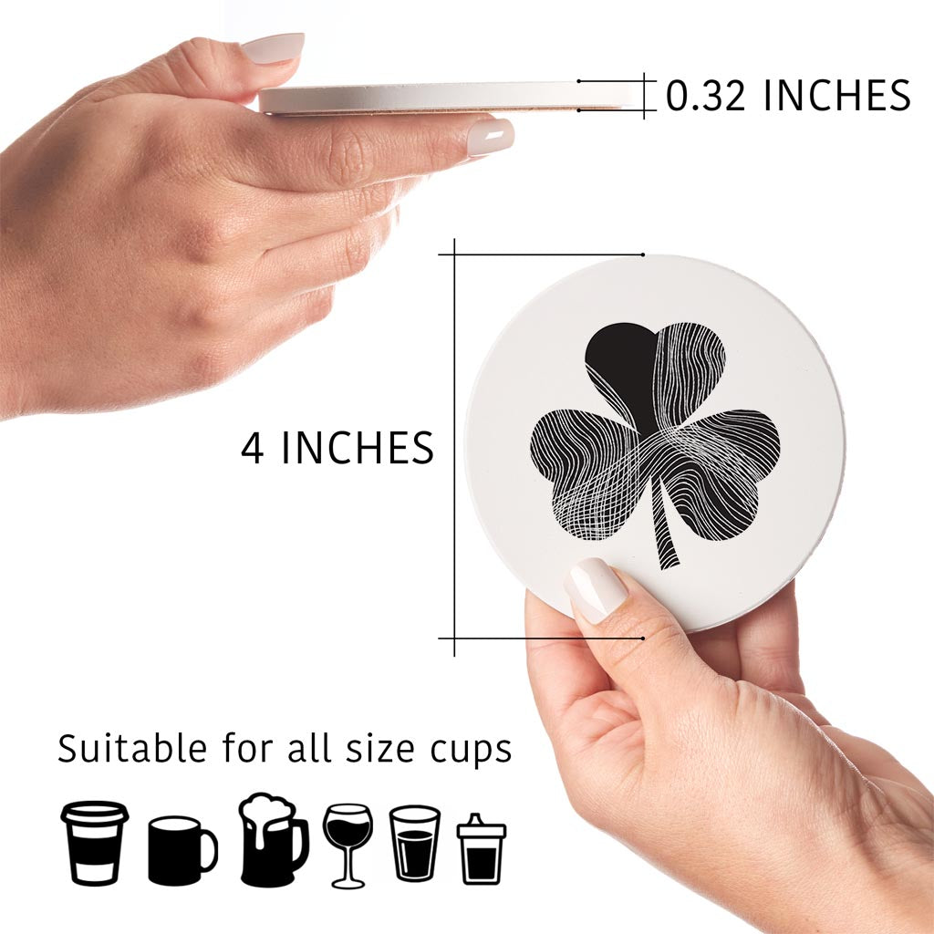 Minimalistic B&W Shamrock Shape Fluid Lines | Absorbent Coasters | Set of 4 | Min 2