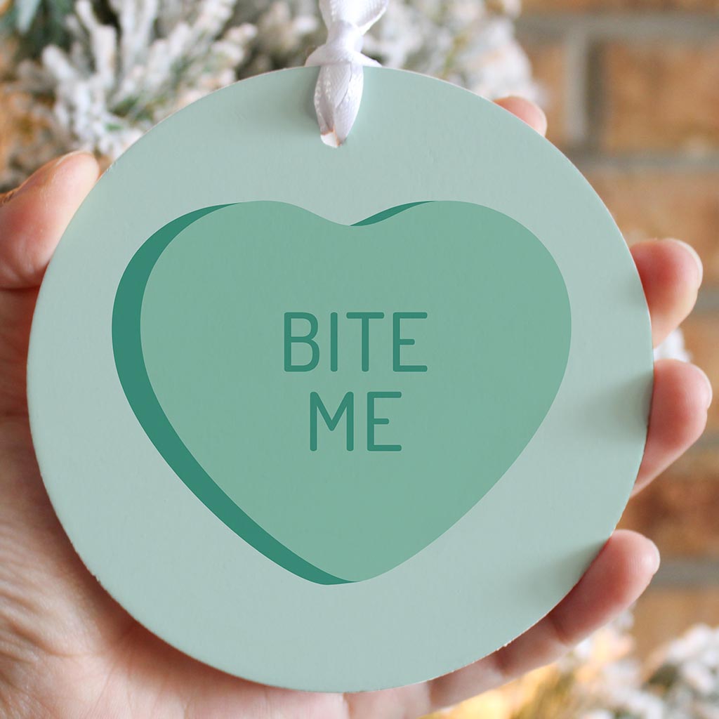Funny Message Hearts Bite Me | Wood Ornament | Eaches | Min 6
