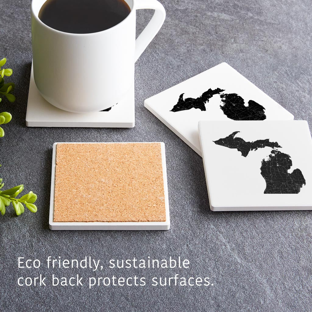 Minimalistic B&W Michigan Map Petoskey Star | Absorbent Coasters | Set of 4 | Min 2