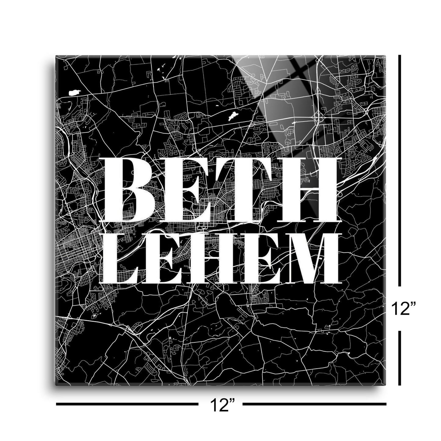 Minimalistic B&W Pennsylvania Bethlehem Map | Hi-Def Glass Art | Eaches | Min 1