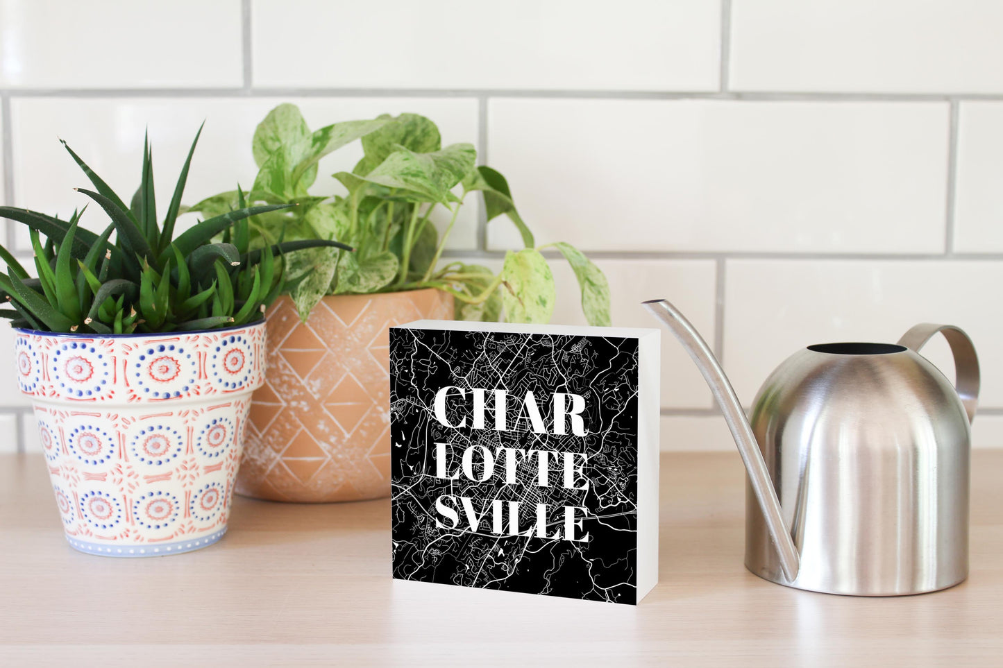 Minimalistic B&W Virginia Charlottesville Map | Wood Block | Eaches | Min 4