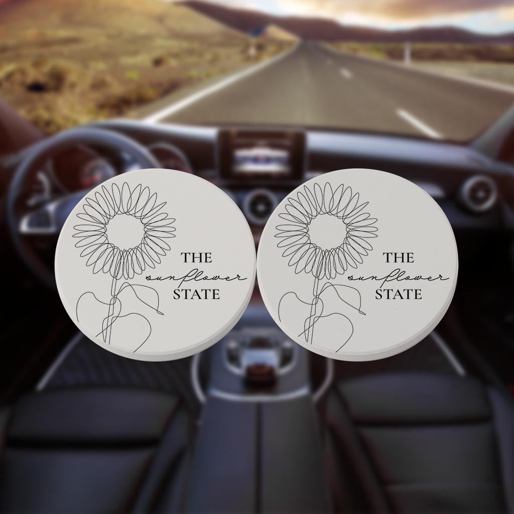 Minimalist B&W Kansas Sunflower Line Drawing | Absorbent Car Coasters | Set of 2 | Min 4