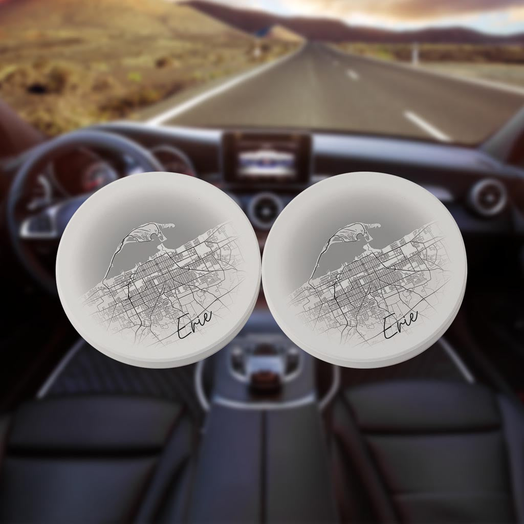 Minimalistic B&W Pennsylvania Erie Circle Map | Absorbent Car Coasters | Set of 2 | Min 4