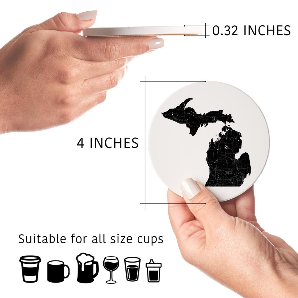 Minimalistic B&W Michigan Map Petoskey Star | Absorbent Coasters | Set of 4 | Min 2