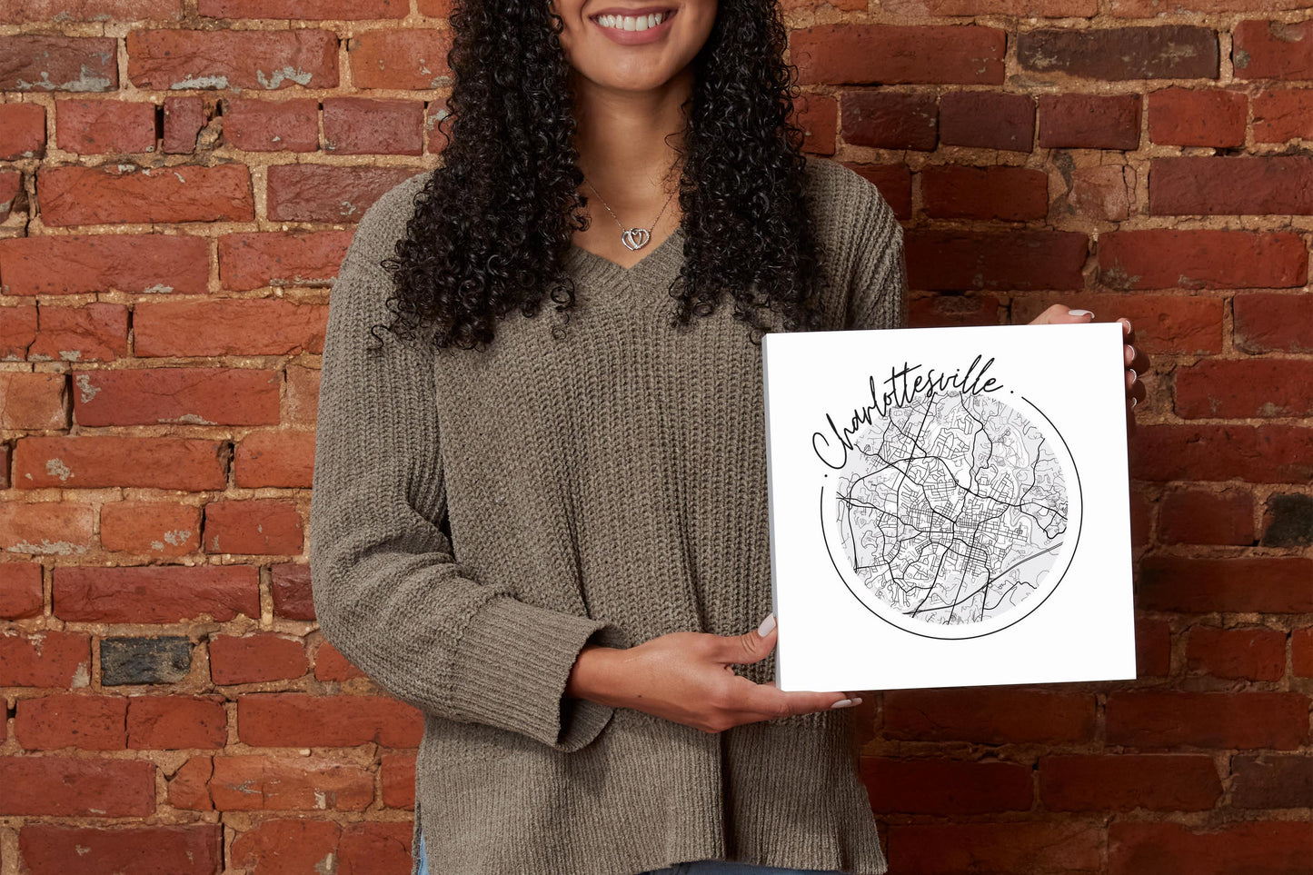 Minimalistic B&W Virginia Charlottesville Circle Map | Wood Block | Eaches | Min 2