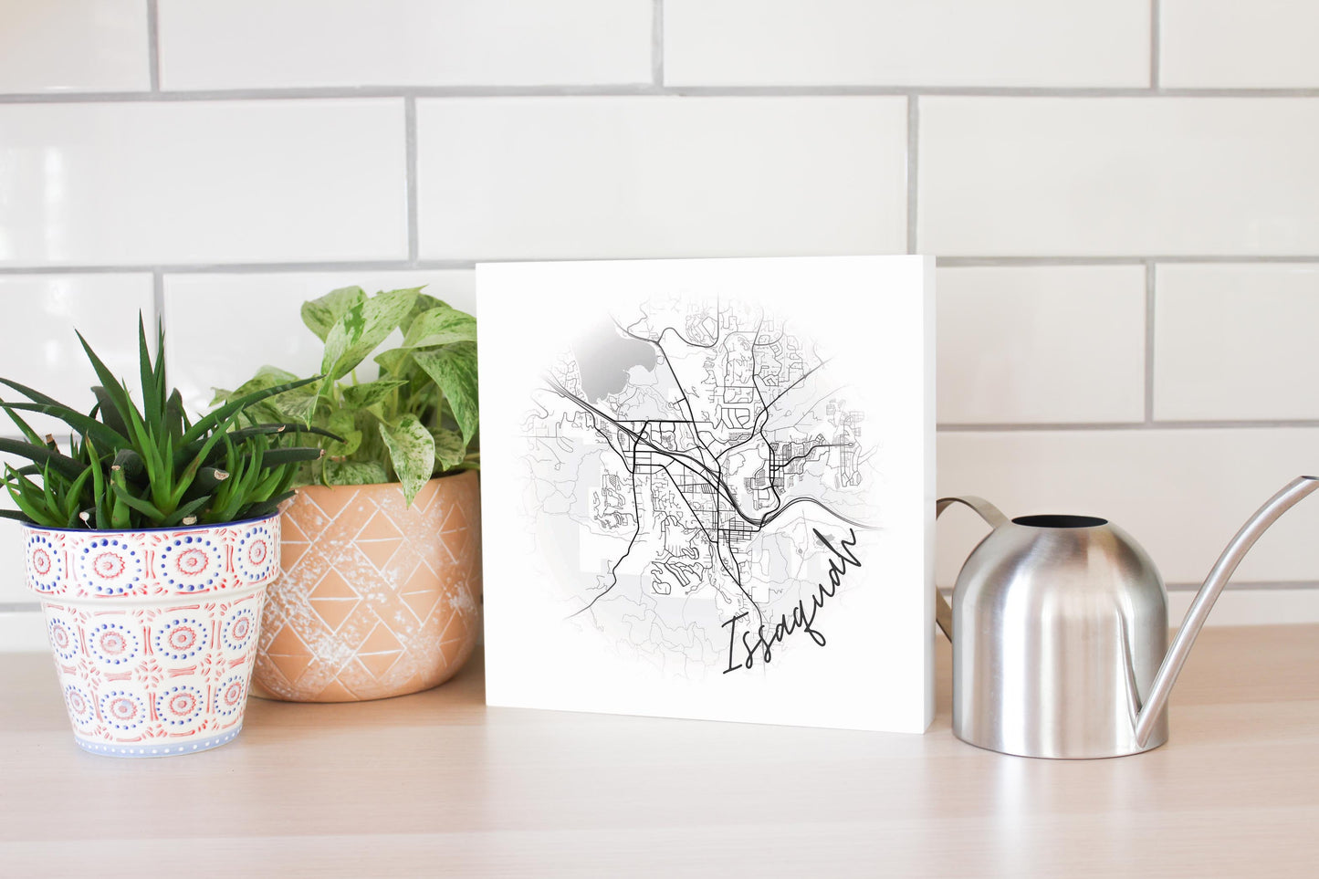 Minimalistic B&W Washington Issaquah Circle Map | Wood Block | Eaches | Min 2