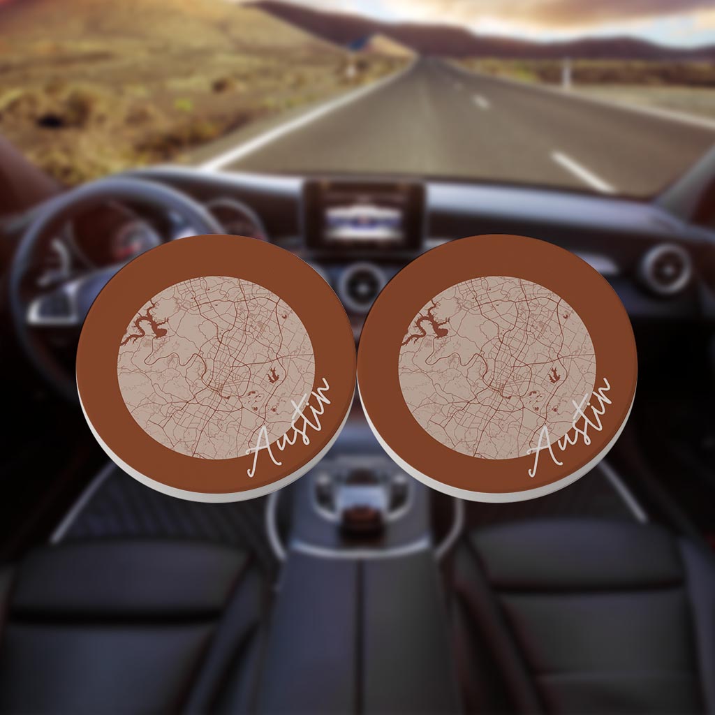 Modern Minimalist Texas Austin Circle Map | Absorbent Car Coasters | Set of 2 | Min 4