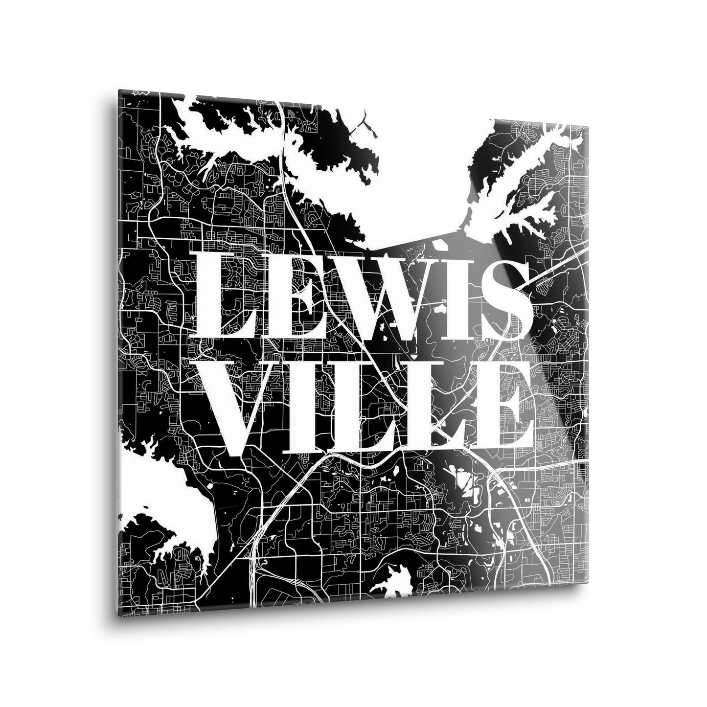Minimalistic B&W Texas Lewisville Map | Hi-Def Glass Art | Eaches | Min 1