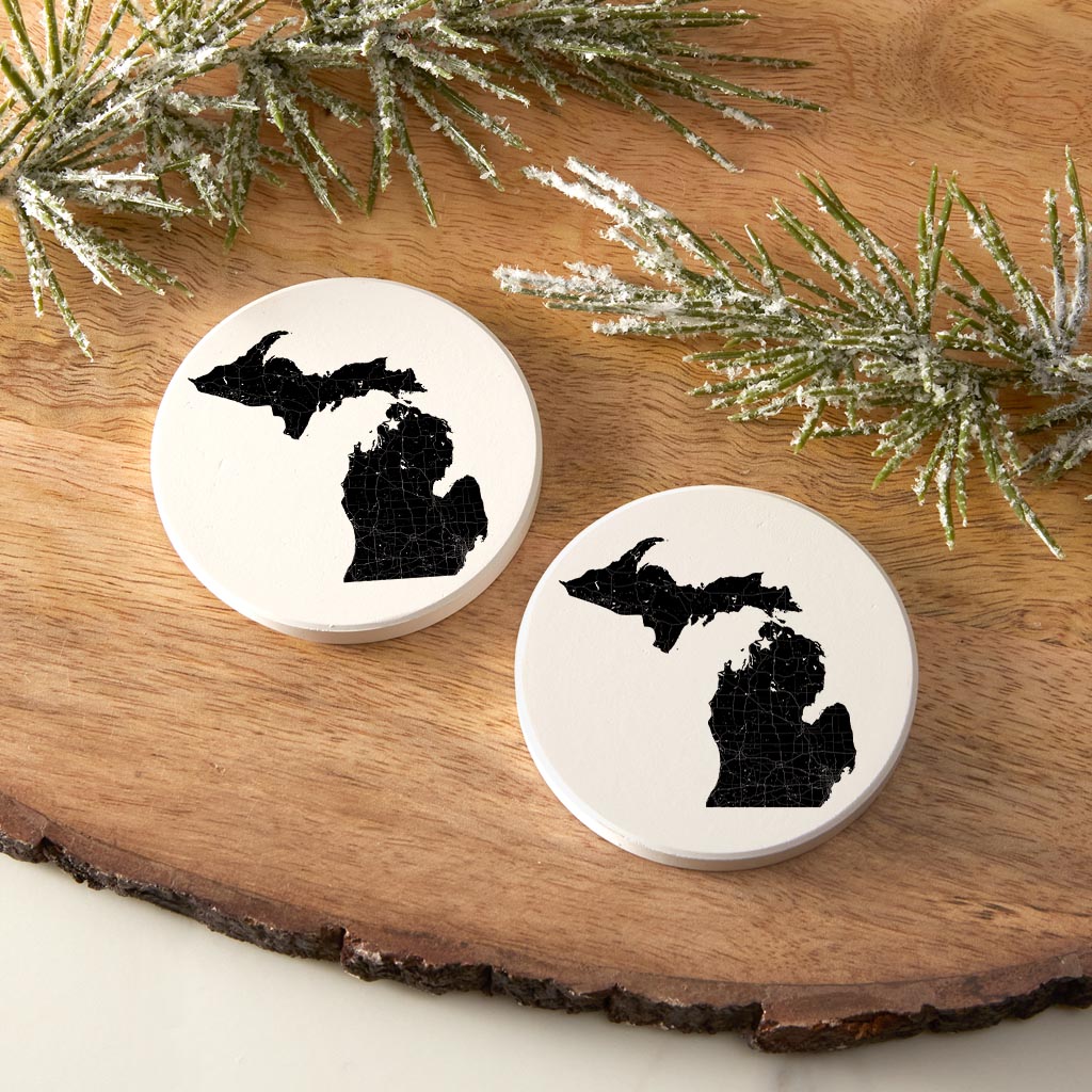 Minimalistic B&W Michigan Map Petoskey Star| Absorbent Car Coasters | Set of 2 | Min 4