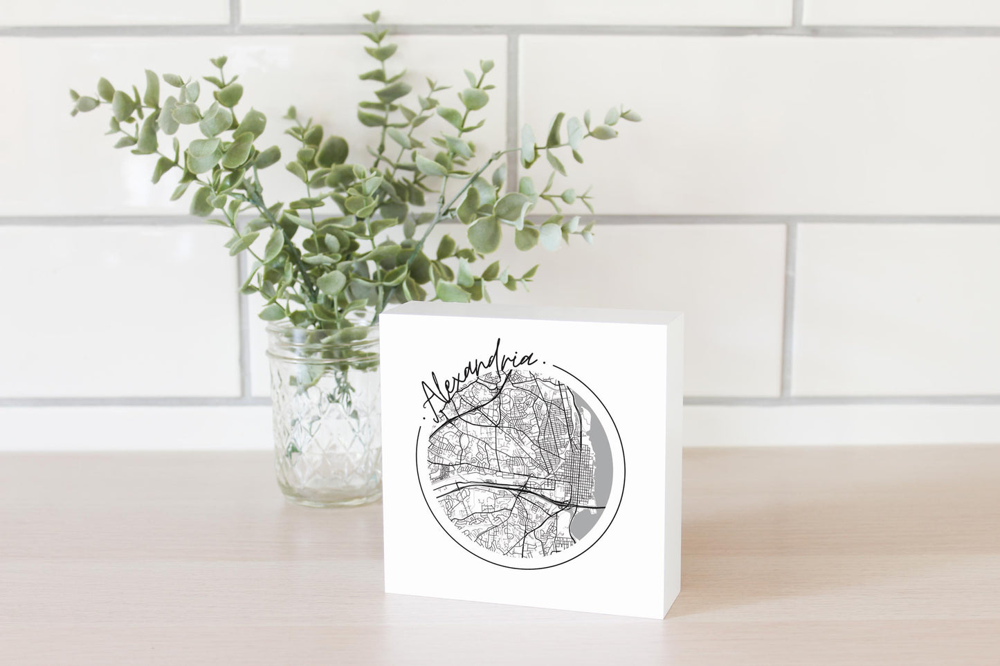 Minimalistic B&W Virginia Alexandria Circle Map | Wood Block | Eaches | Min 4