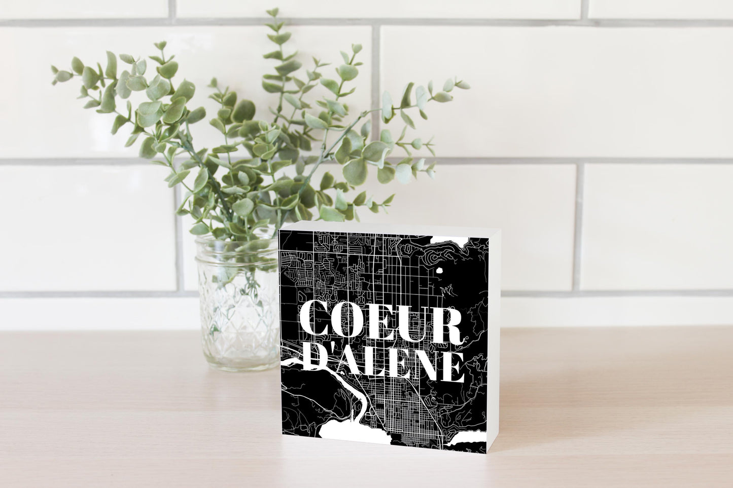 Minimalist B&W Idaho Coeur Dalene Map | Wood Block | Eaches | Min 4