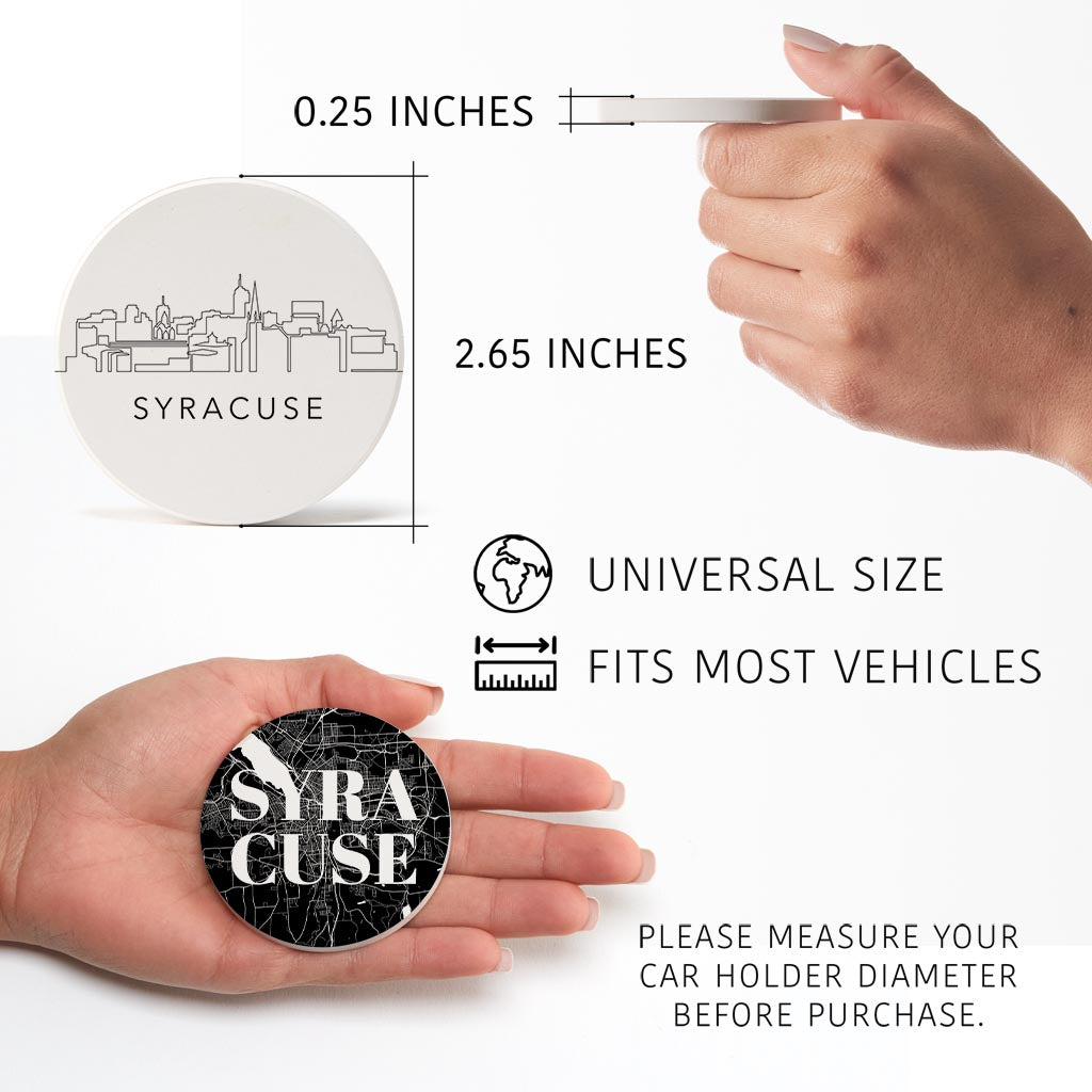 Minimalistic B&W New York Syracuse Map Skyline| Absorbent Car Coasters | Set of 2 | Min 4