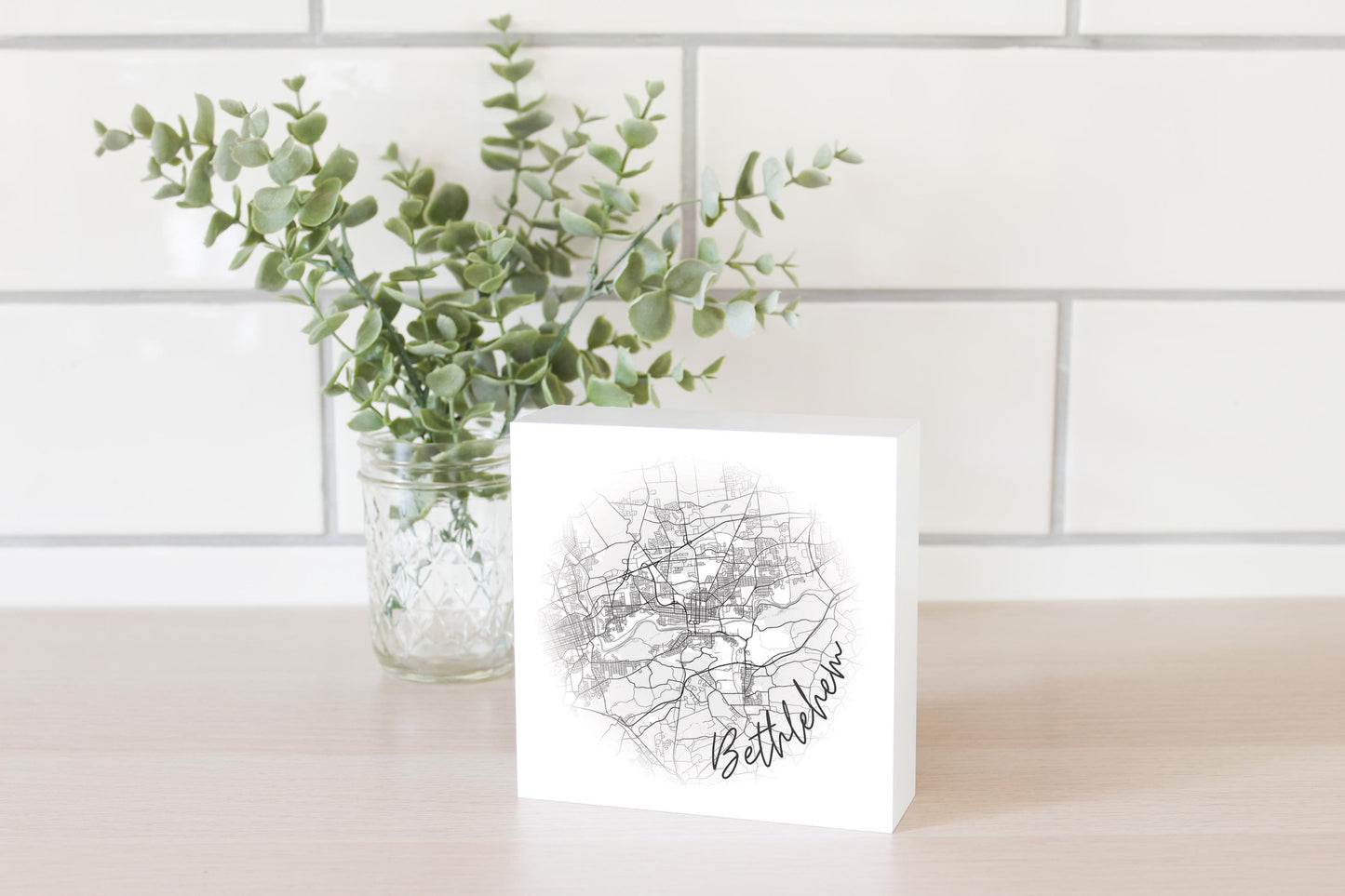 Minimalistic B&W Pennsylvania Bethlehem Circle Map | Wood Block | Eaches | Min 4