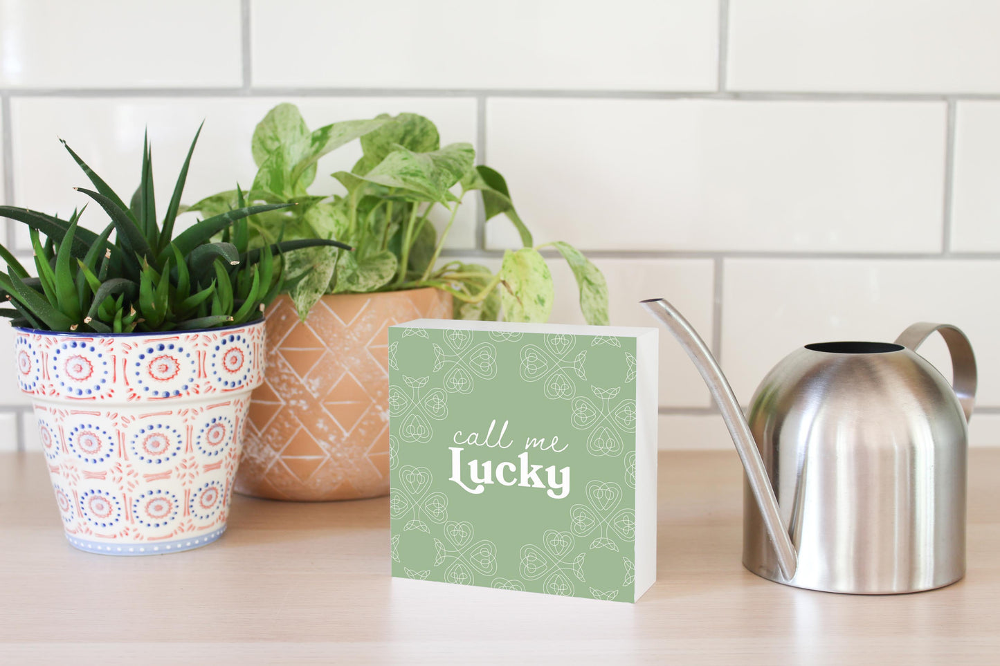 Sage Green Shamrock Call Me Lucky | Wood Block | Eaches | Min 4