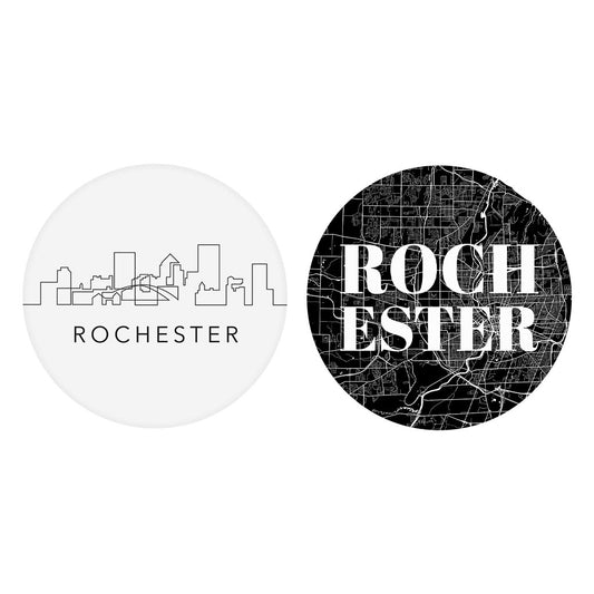 Minimalistic B&W New York Rochester Map Skyline| Absorbent Car Coasters | Set of 2 | Min 4