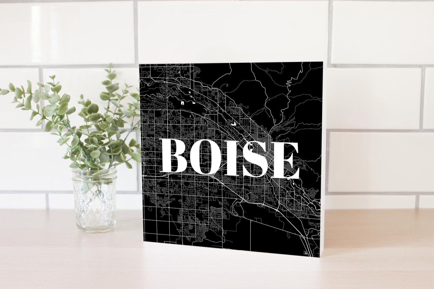 Minimalist B&W Idaho Boise Map | Wood Block | Eaches | Min 2