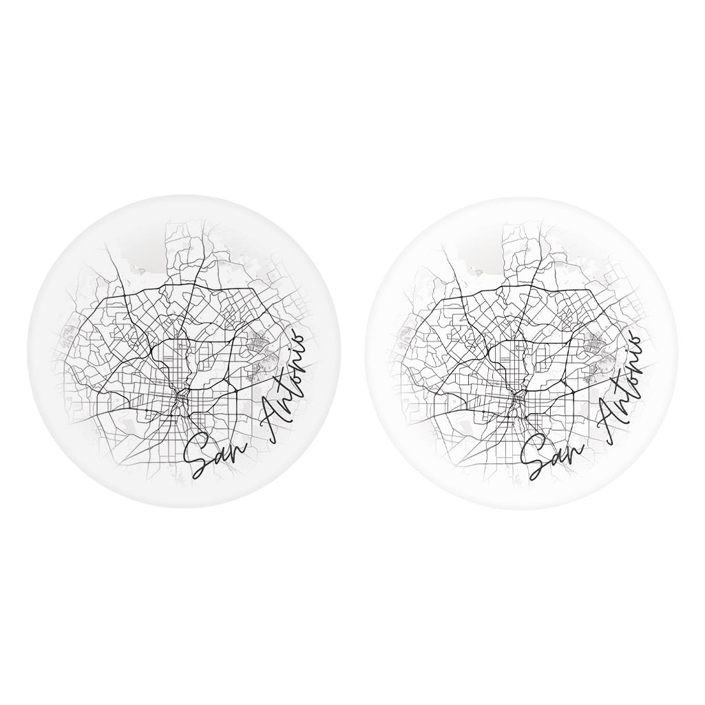 Minimalistic B&W Texas San Antonio Circle Map| Absorbent Car Coasters | Set of 2 | Min 4
