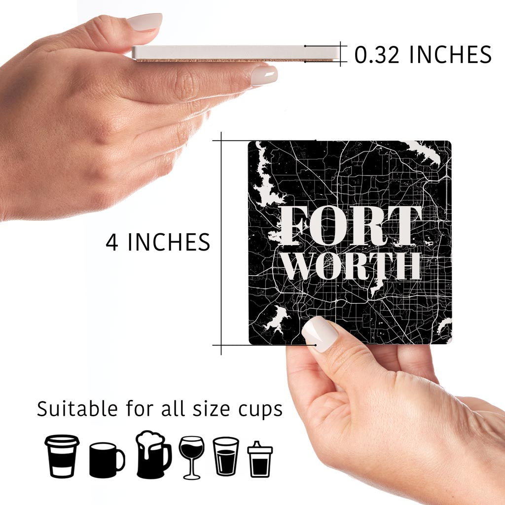 Minimalistic B&W Texas Fort Worth Map | Absorbent Coasters | Set of 4 | Min 2