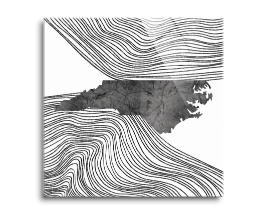 Minimalistic B&W North Carolina State With Fluid Lines | Hi-Def Glass Art | Eaches | Min 2