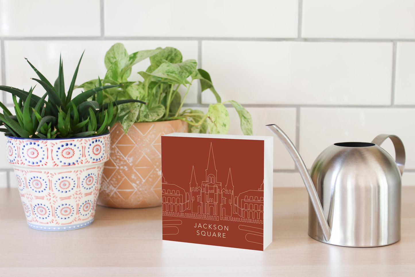 Modern Minimalist Louisiana Jackson Square Line Drawing | Wood Block | Eaches | Min 4