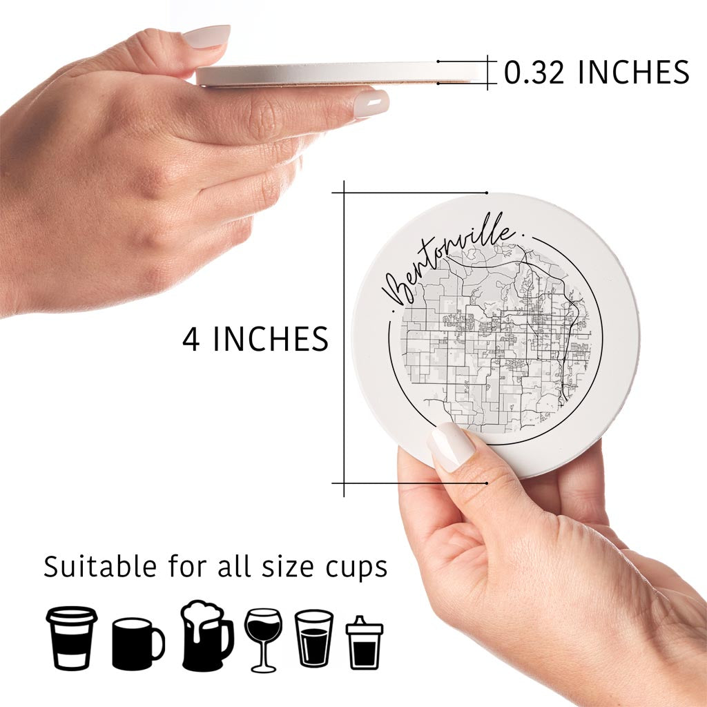 Minimalist B&W Arkansas Bentonville Circle Map | Absorbent Coasters | Set of 4 | Min 2